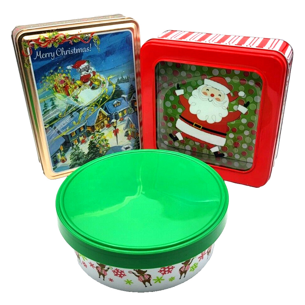 LOT of 3 Festive Christmas Holiday Tins 9x6 Rectangle 6" Square and 6" Round YK